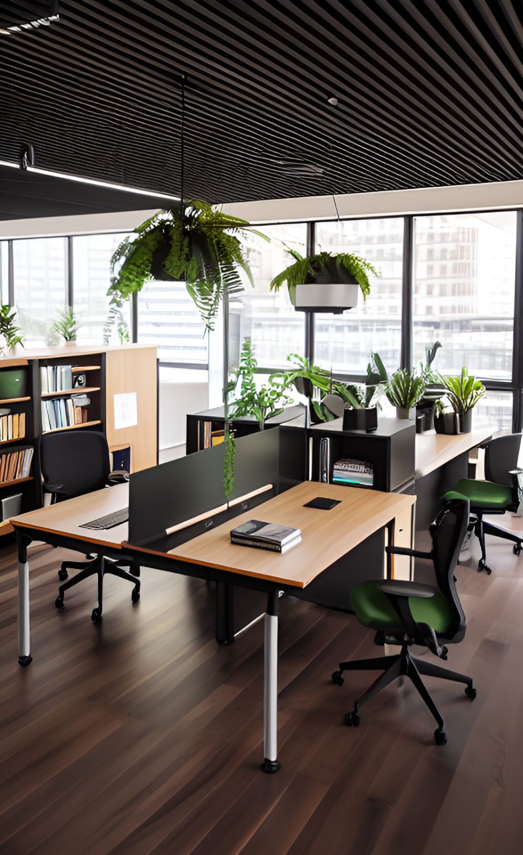 contoh gambar photo desain kantor minimalis dengan tumbuhan bunga dan pot putih meja hpl kayu, lantai kayu  ( design interior office minimalist )