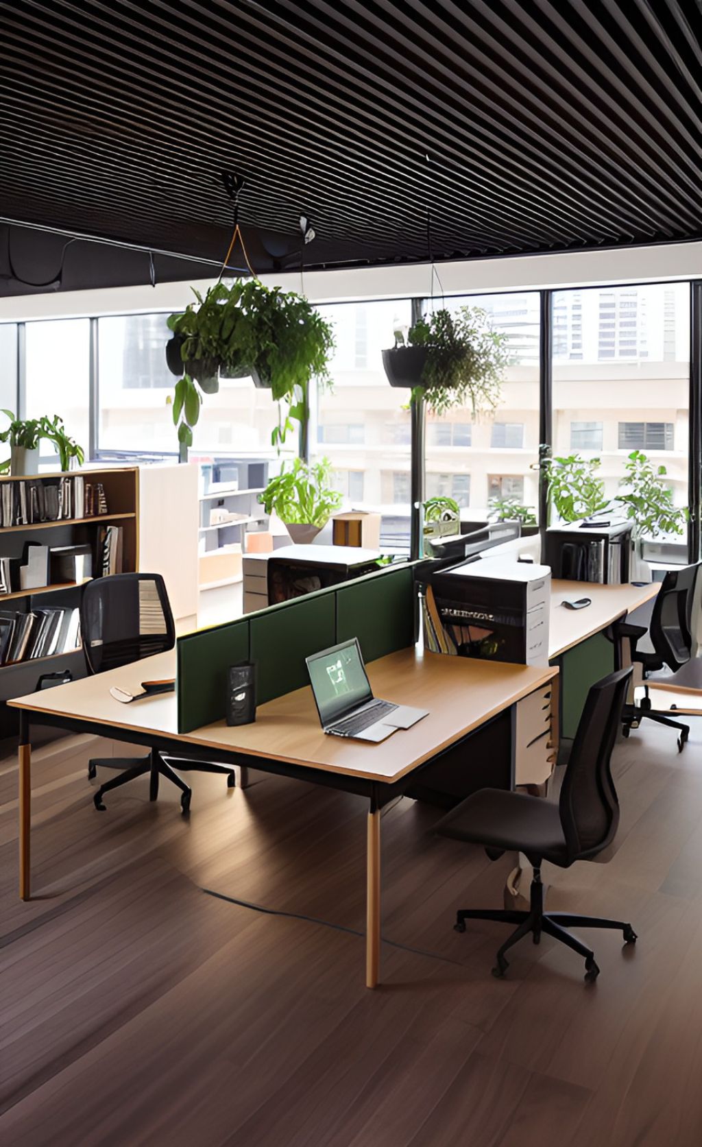contoh gambar photo desain kantor minimalis dengan tumbuhan bunga dan pot putih meja hpl kayu, lantai kayu  ( design interior office minimalist )