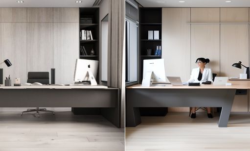 contoh gambar photo desain kantor minimalis putih bersih texture kayu ( design interior office minimalist )