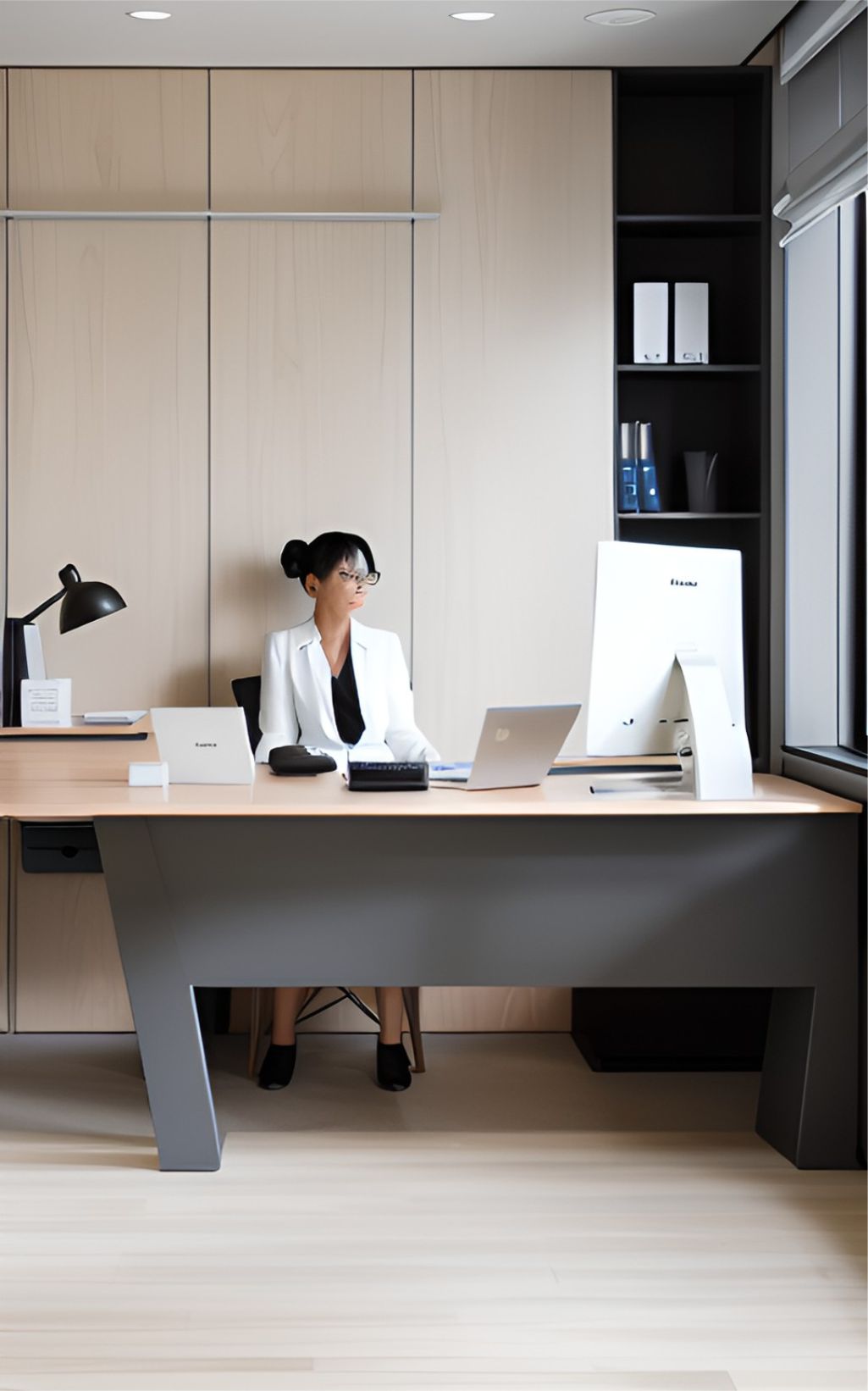contoh gambar photo desain kantor minimalis putih bersih texture kayu ( design interior office minimalist )