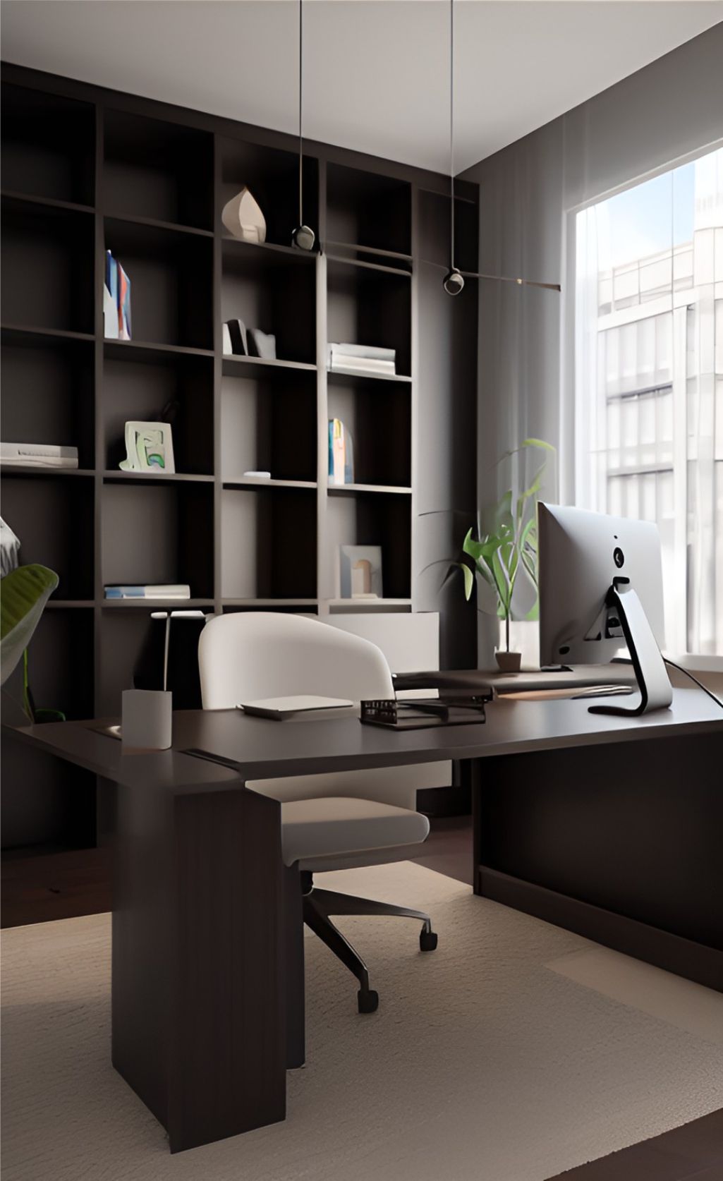 desain ruangan kantor minimalis modern ( design interior minimalist modern ) wallpanel hitam meja hitam sofa putih 