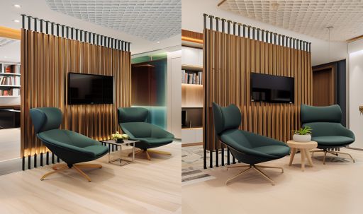 desain ruangan kantor minimalis modern ( design office interior modern minimalist ) material HPL finishing Duco, Flooring LVT