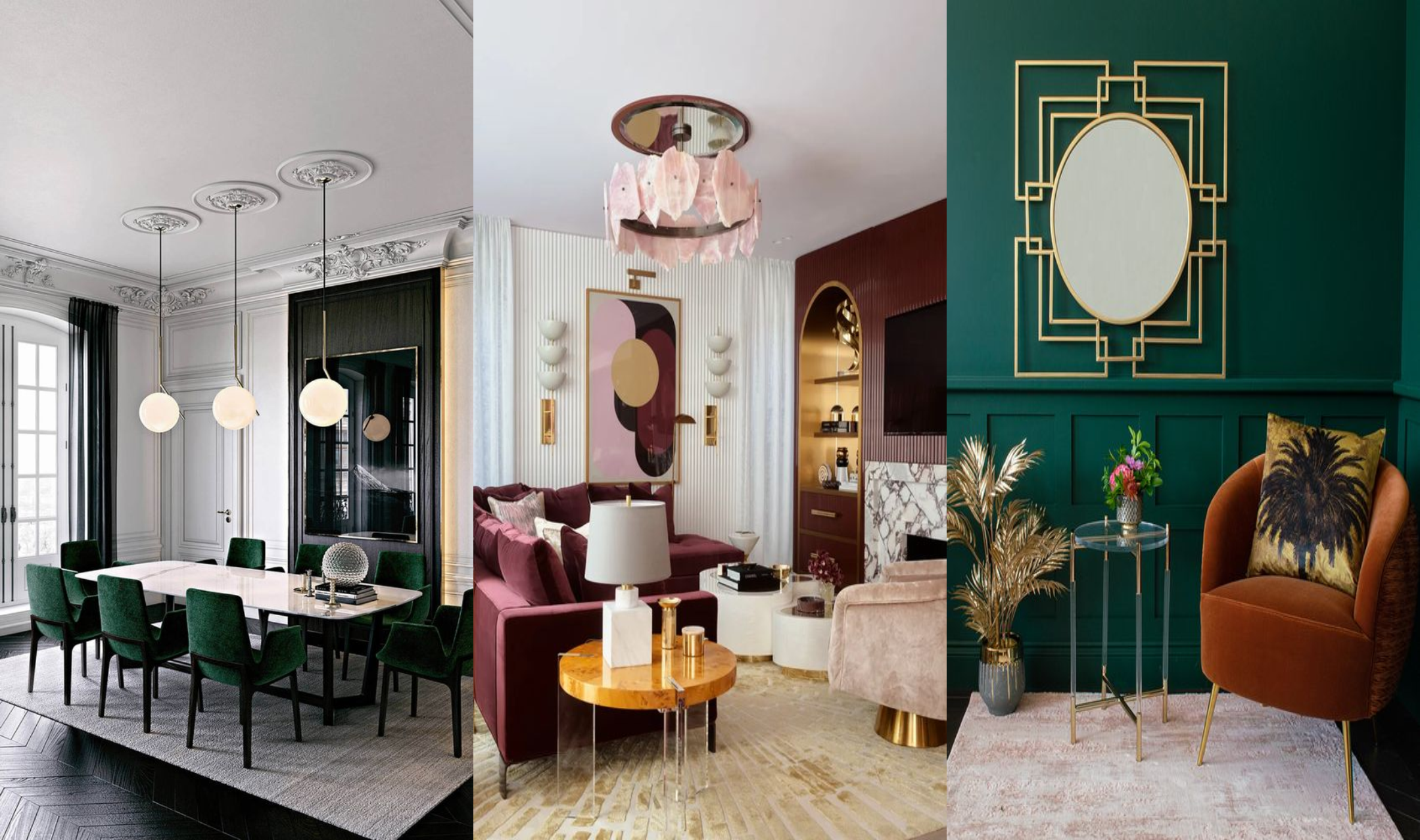 contoh design interior art deco classic mewah hitam pink hijau