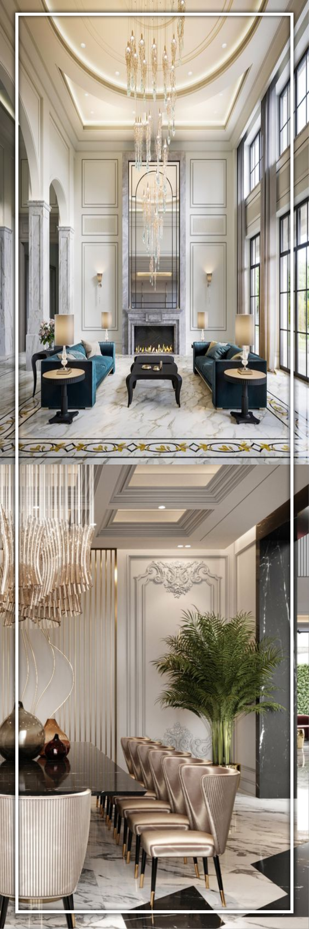 referensi design interior classic elegance Jakarta ruang tamu warna putih lighting warm netral