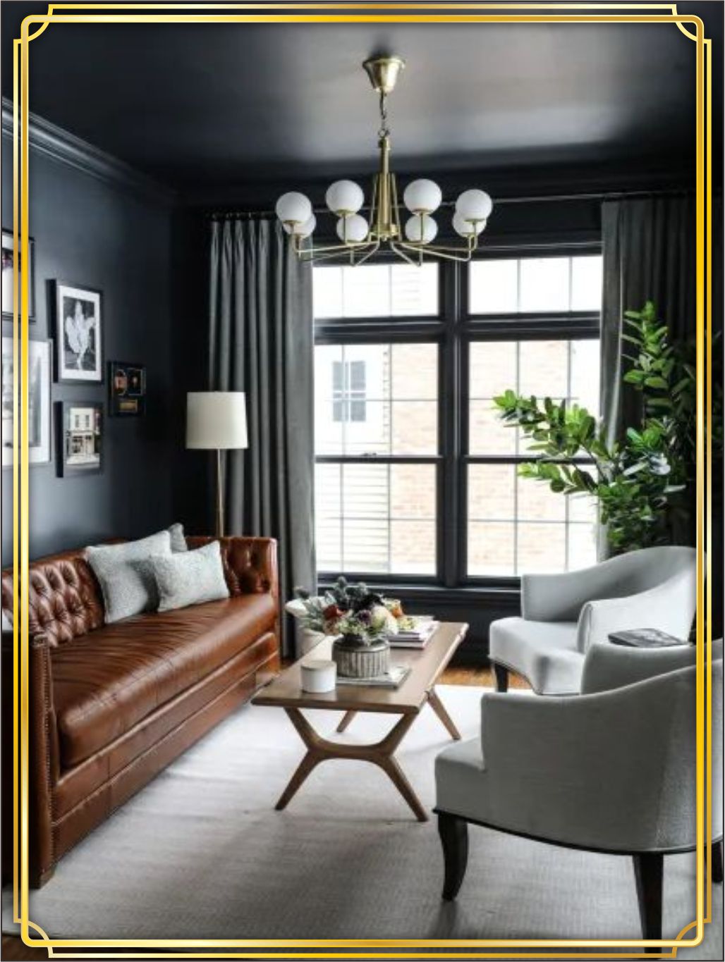 design interior ruang tamu (living room) modern kontemporer warna hitam elegan dengan sentuhan tropis