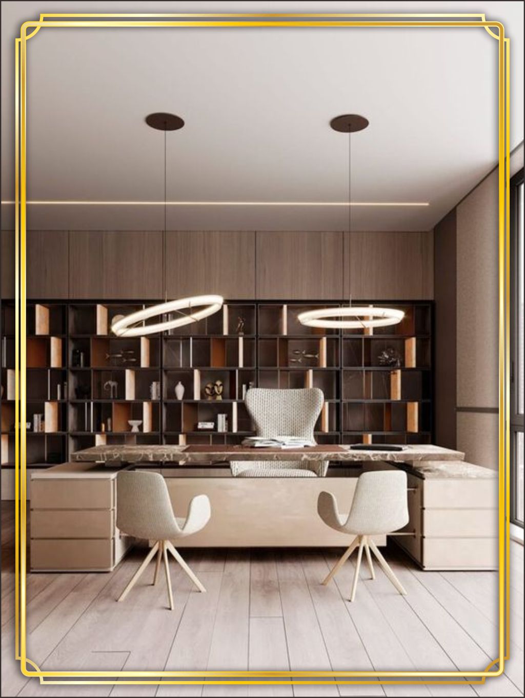 design interior office minimalis modern bahan HPL tekstur kayu dan hitam finishing duco