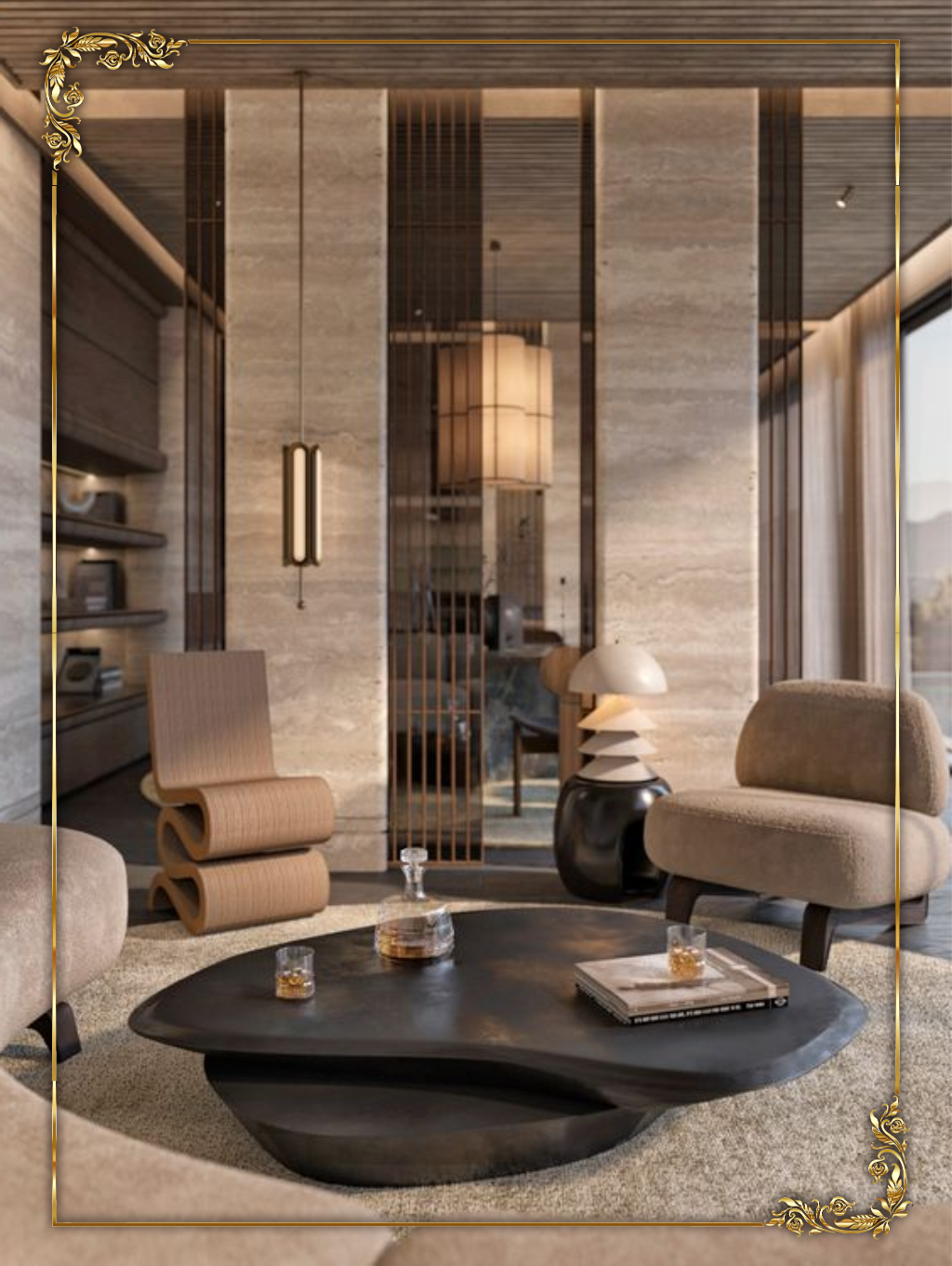 design interior ruang tamu modern minimalis di Jakarta Barat warna warm dinding granit sofa unik inspiratif