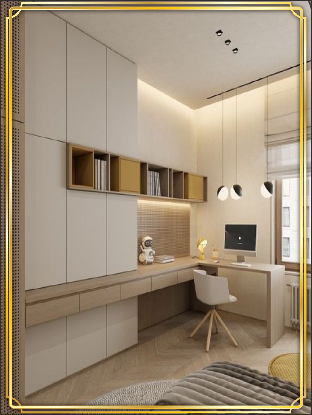 contoh design interior kamar ( bedroom ) terbaik warna putih krem silver bahan HPL finishing Duco