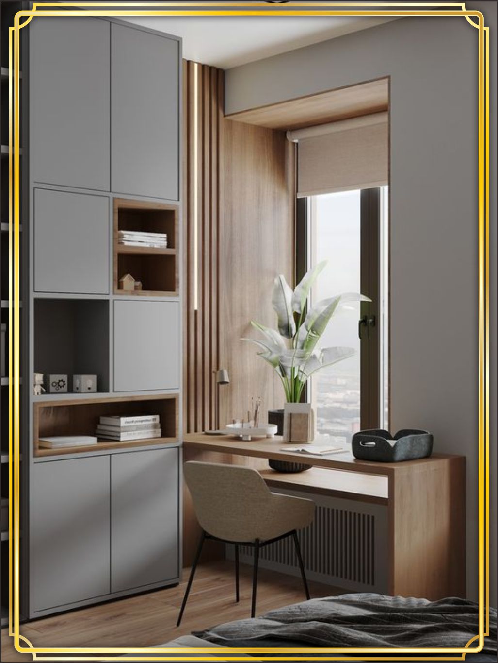 contoh design interior kamar ( bedroom ) terbaik warna putih krem silver bahan HPL finishing Duco