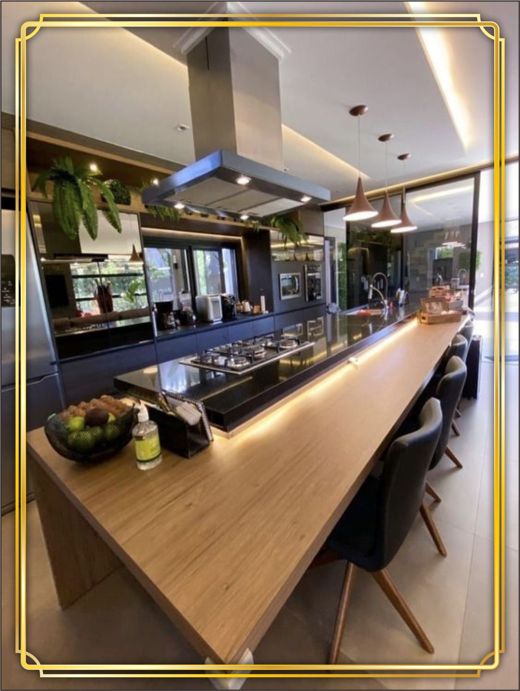 design interior kitchen - jakarta utara design interior dapur ( kitchen set ) modern minimalis warna kayu coklat grey hitam hpl tekstur kayu lighting warm