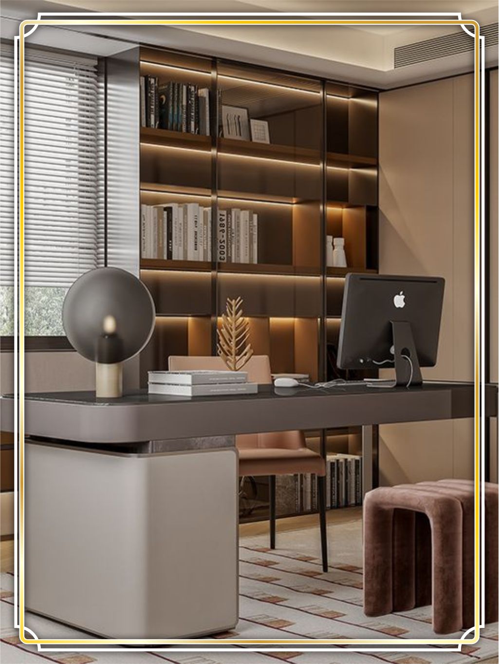 design interior kantor (office) modern minimalis di Jakarta Utara warna coklat tua, coklat muda finishing duco mengkilat mewah lighting warm daylight siang